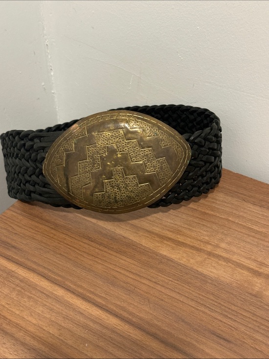 Vintage Moroccan Braided Leather Belt Large Metal Buckle Hammered... main image 4